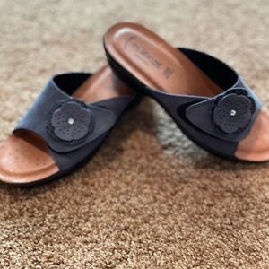 Flexus By Spring Step Fabia Blue Slip On Flower Accent Wedge Sandals